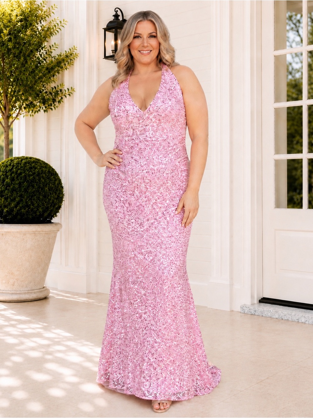 NWT Mac Duggal Ice Pink Halter Sequin Column Gown Sz 14W MSRP $458